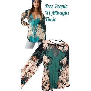 Free People‎ XL Mikayla Green Floral Deep V Tunic Blouse Boho Chic Bloom Ethnic
